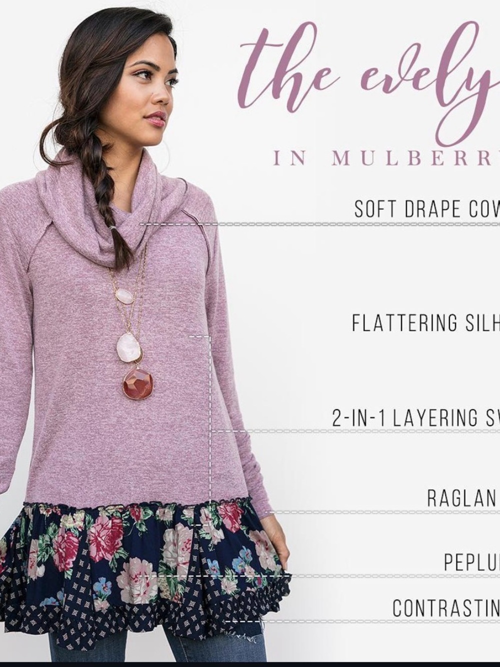 Evy’s Tree Pink Cowl Neck Top with Floral Hem
